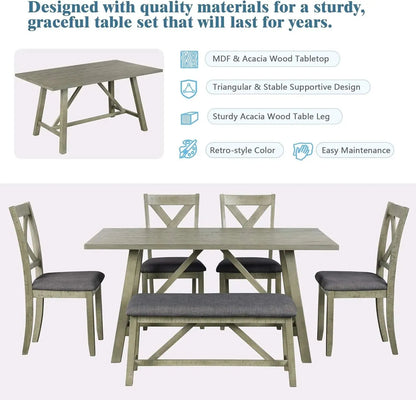 6 Pieces Dining Table Set with Bench. - Home Fusion