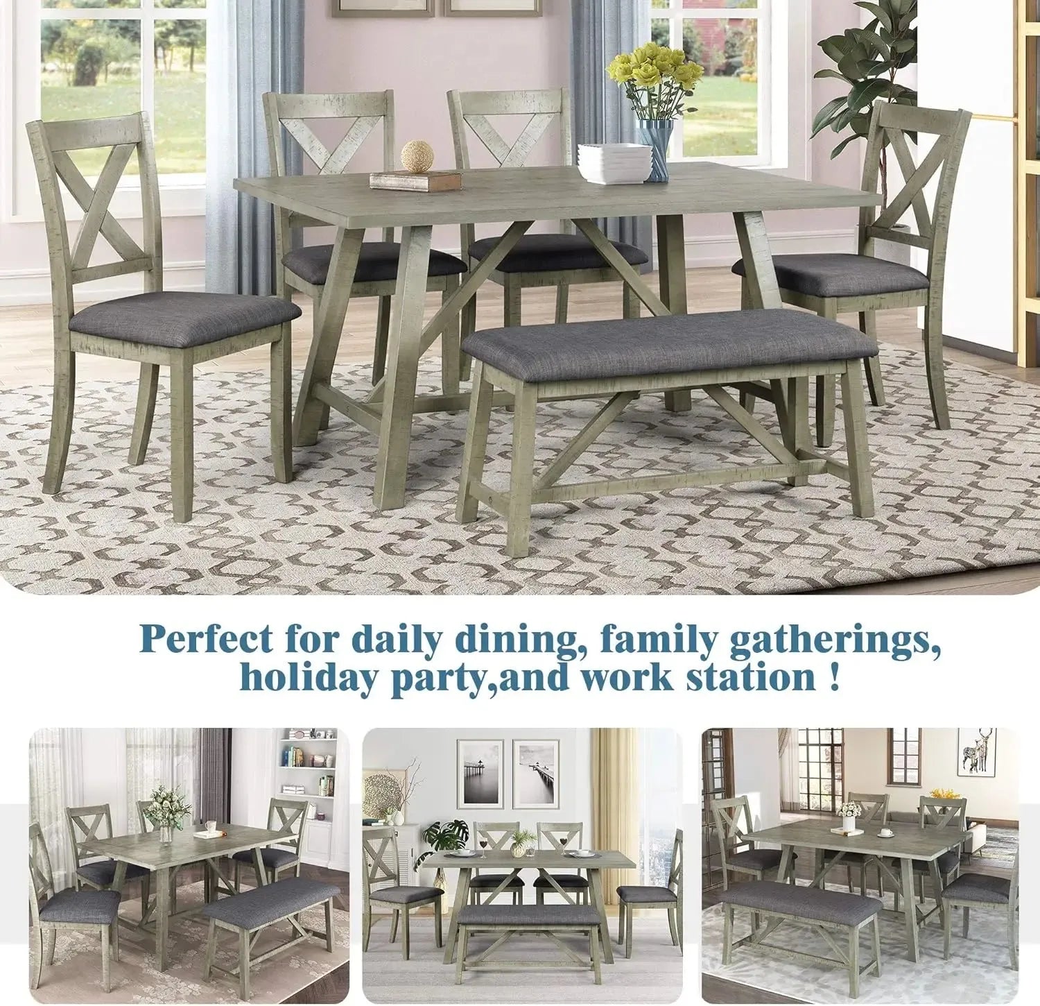 6 Pieces Dining Table Set with Bench. - Home Fusion