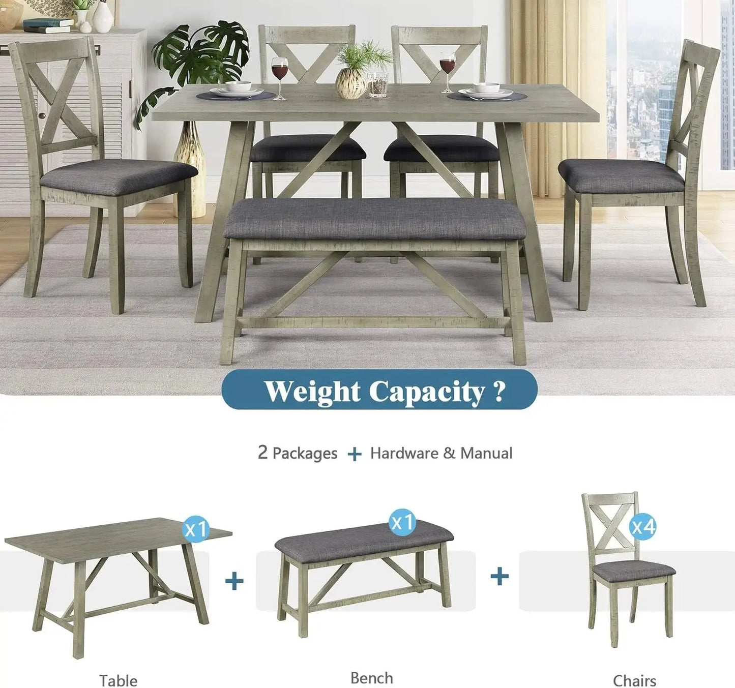 6 Pieces Dining Table Set with Bench. - Home Fusion