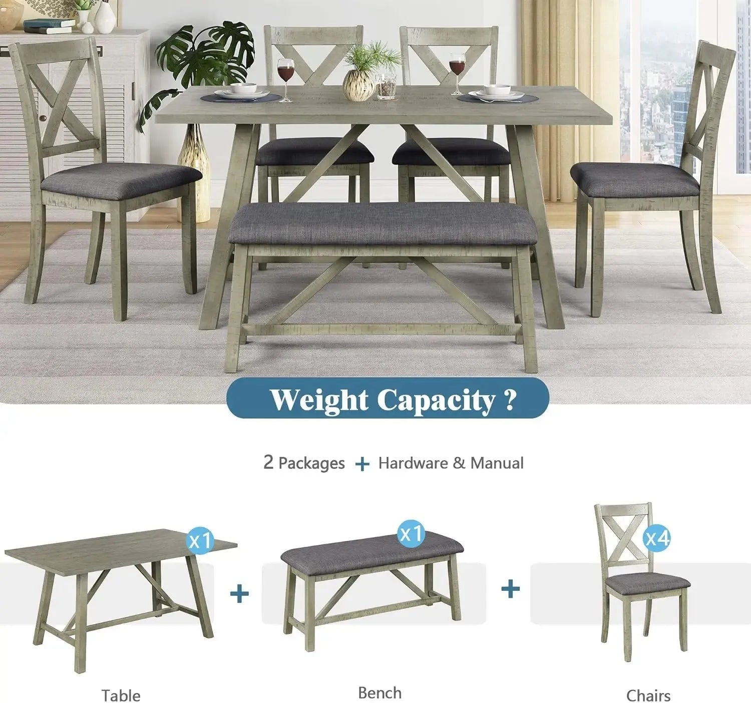 6 Pieces Dining Table Set with Bench. - Home Fusion