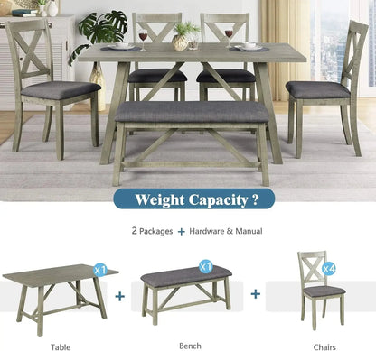6 Pieces Dining Table Set with Bench. - Home Fusion