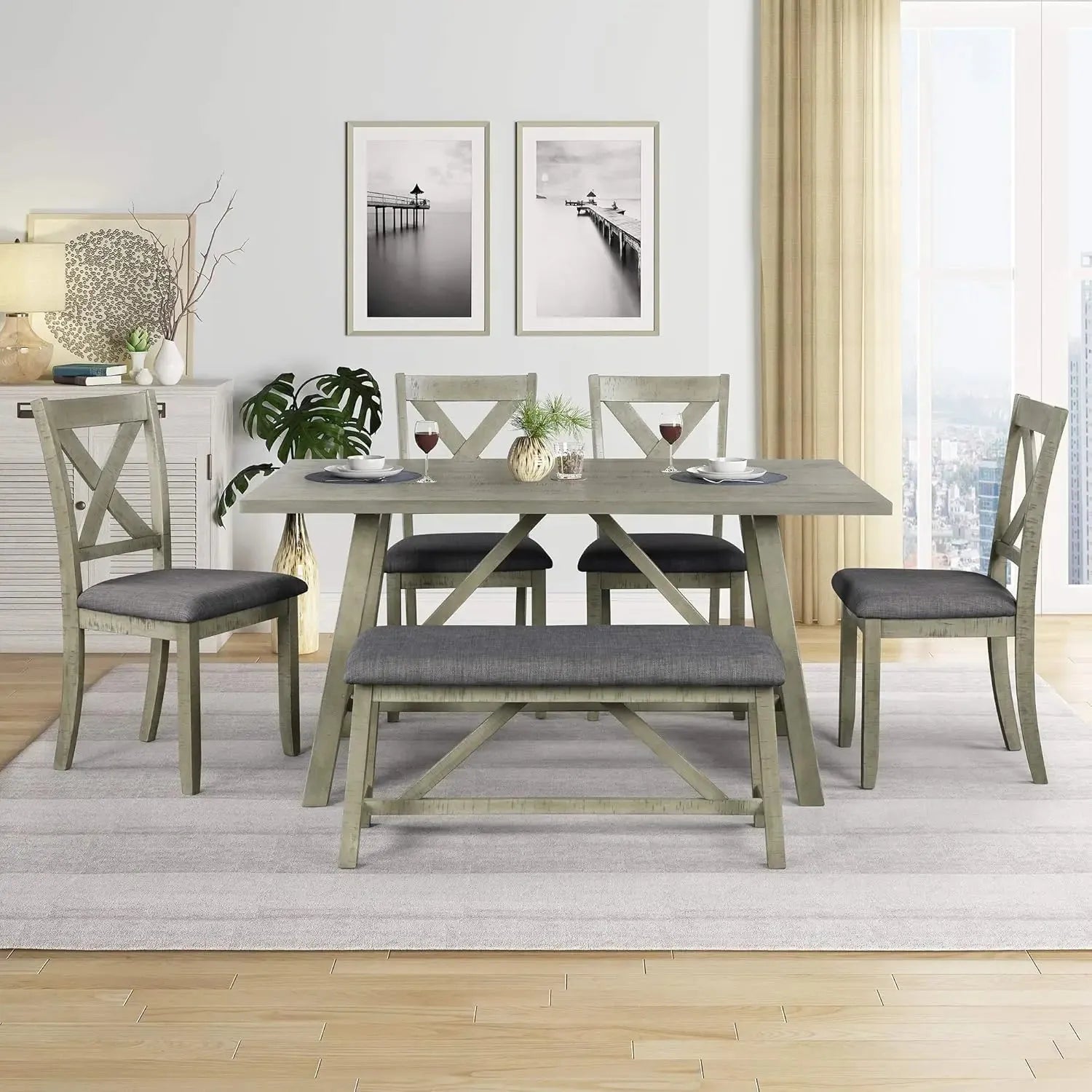 6 Pieces Dining Table Set with Bench. - Home Fusion