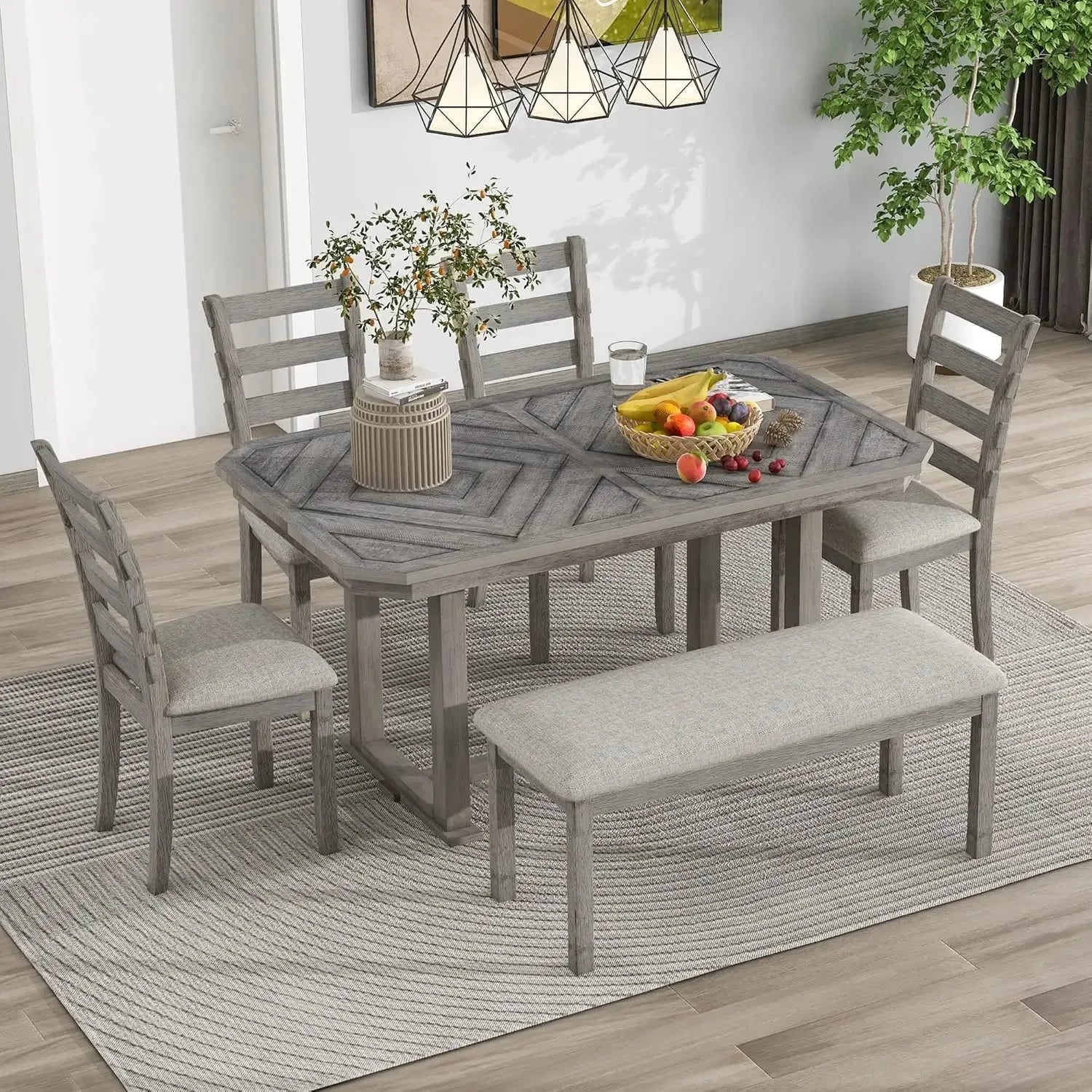 6 Pieces Dining Table Set with Bench. - Home Fusion