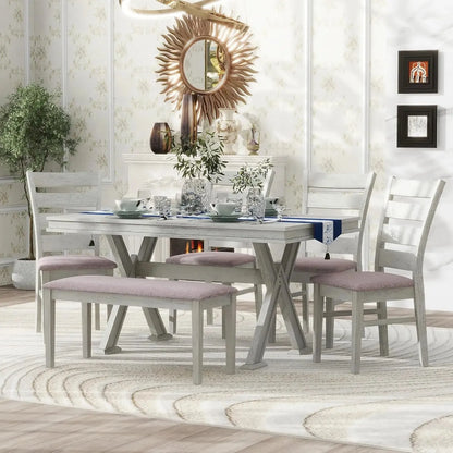 6 Pieces Dining Table Set with Bench. - Home Fusion
