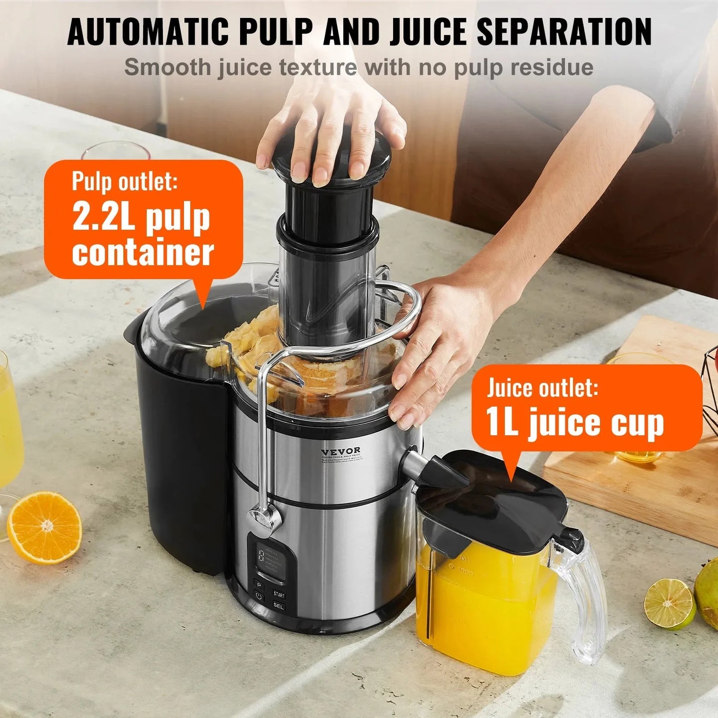 VEVOR Juicer Machine 850W Motor Centrifugal Juice Extractor Easy Clean Centrifugal Big Mouth Large for Fruits and Vegetables - Home Fusion
