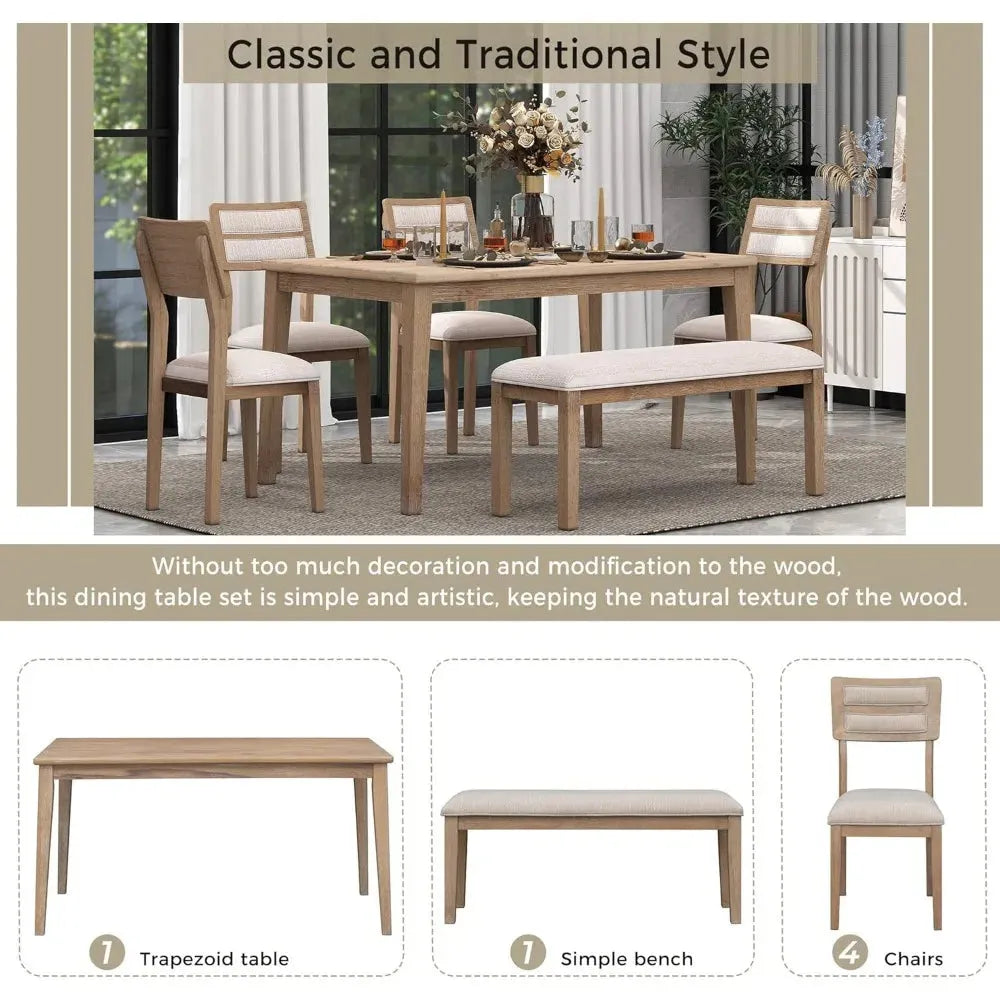 6 Pieces Dining Table Set with Bench, Rectangle Dining Table with 4 Upholstered Chairs & a Bench, Kitchen Table Chairs Set for 6 - Home Fusion