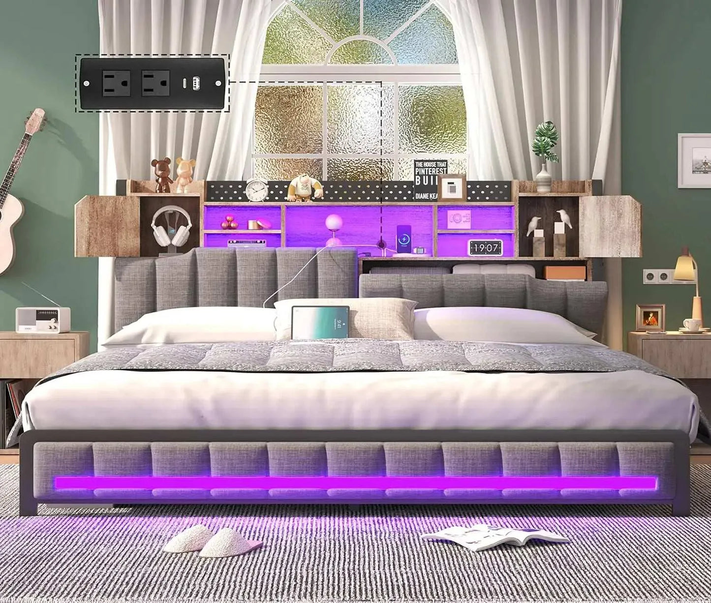 Queen Bed Frame with Charging Station. - Home Fusion