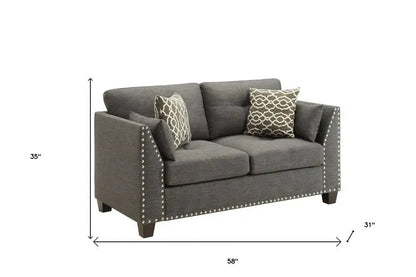 58" Light Gray And Dark Brown Loveseat and Toss Pillows - Home Fusion