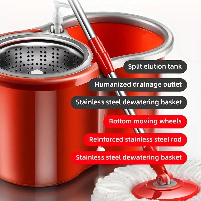 Household Stainless Steel Rod Spin Mop And Bucket Set With Total 3 Mop Heads, Household Rotating Floor Mop, Hands-free Wash Mop - Home Fusion
