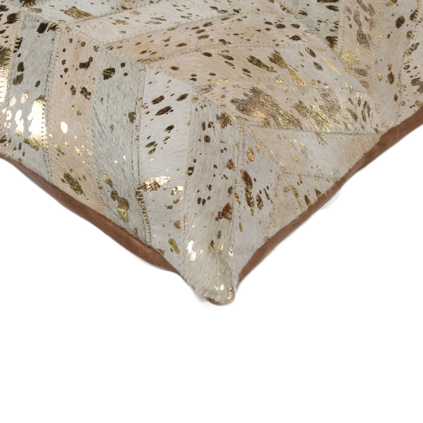 Set of Two 18" Natural and Gold Chevron Cowhide Throw Pillows with Glitter - Home Fusion
