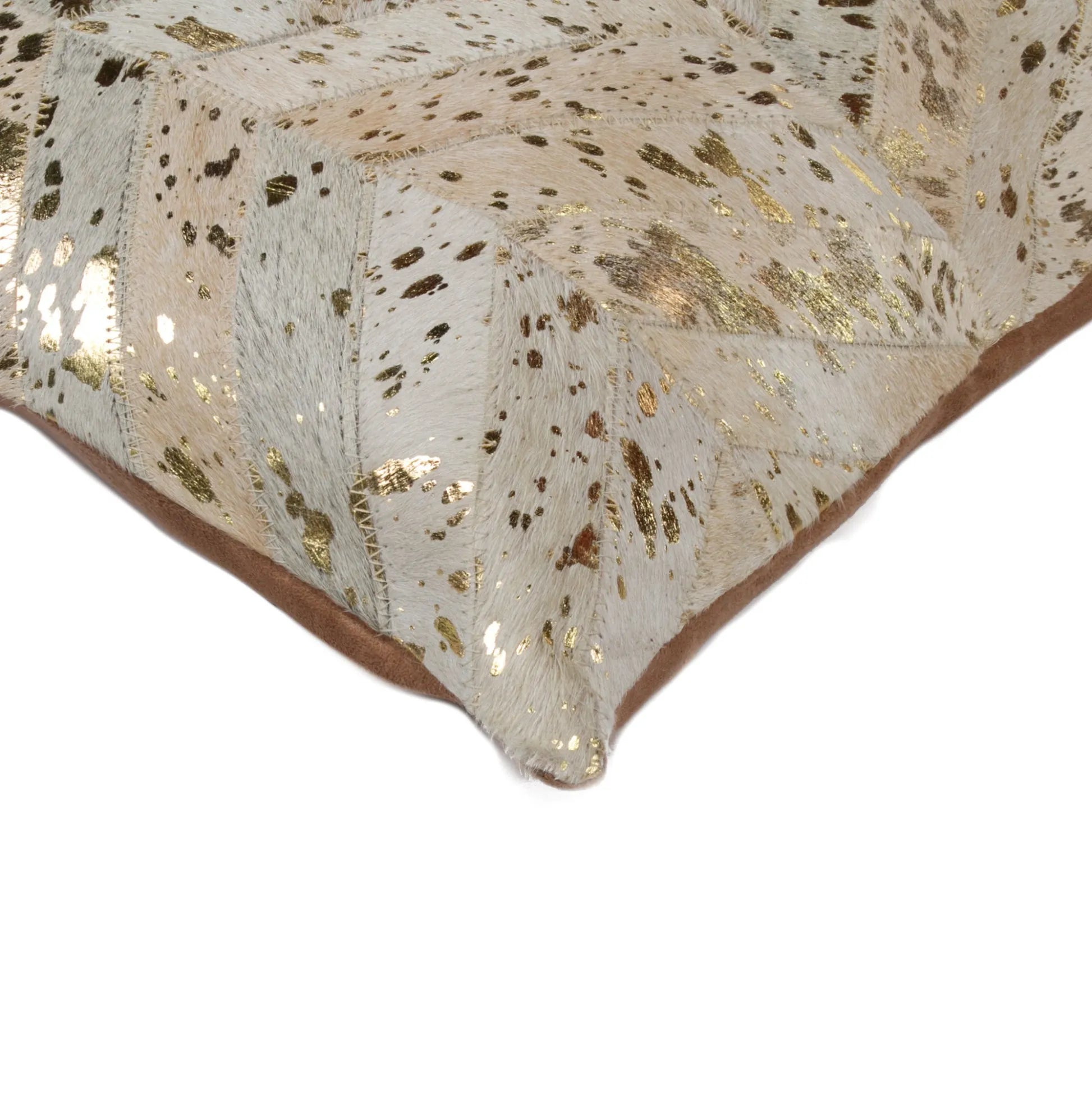 Set of Two 18" Natural and Gold Chevron Cowhide Throw Pillows with Glitter - Home Fusion
