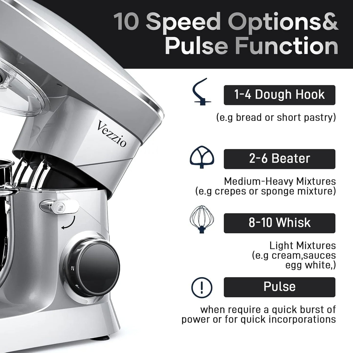 9.5 Qt Stand Mixer, 10-Speed Tilt-Head Food Mixer,  660W Kitchen Electric Mixer with Stainless Steel Bowl, Dishwasher-Safe Attachments for Most Home Cooks(Silver) - Home Fusion