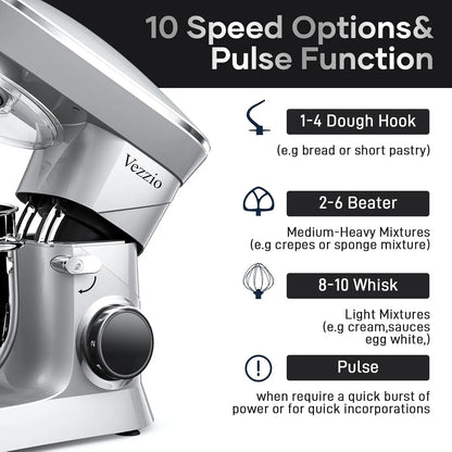 9.5 Qt Stand Mixer, 10-Speed Tilt-Head Food Mixer,  660W Kitchen Electric Mixer with Stainless Steel Bowl, Dishwasher-Safe Attachments for Most Home Cooks(Silver) - Home Fusion