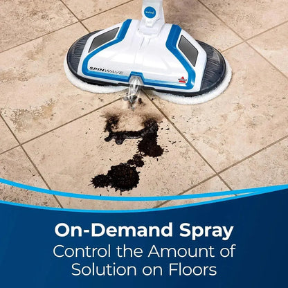 Lightweight SpinWave Hard Floor Spin Mop, with  Soft-Touch Pads, 2 Scrubby Pads, Easy to Maneuver On-Demand Spray, White/Black - Home Fusion