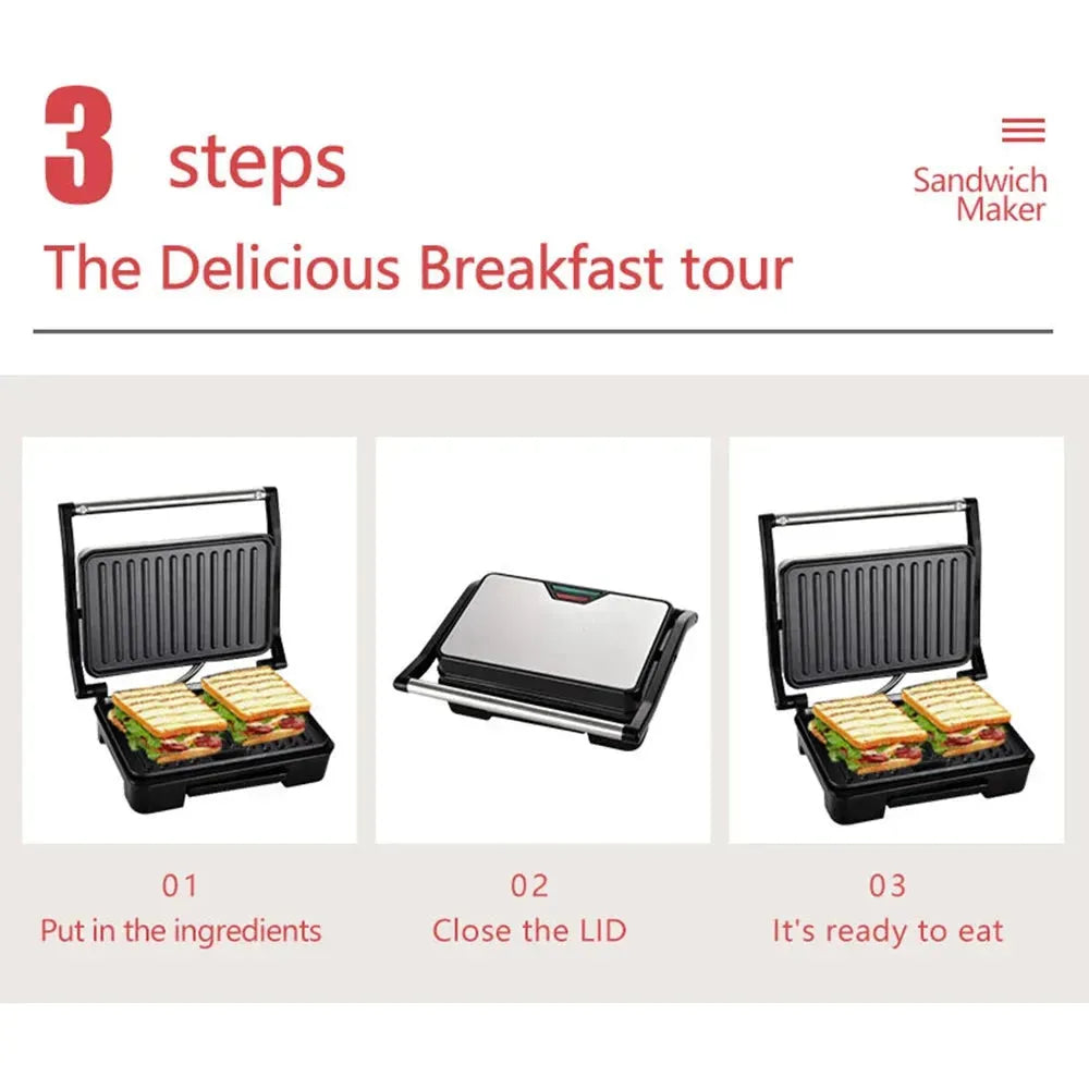 750W Home Small Roast Steak Machine Hamburger Electric Waffle Sandwich Maker Non Stick Surface Grill Toaster Breakfast Machine - Home Fusion