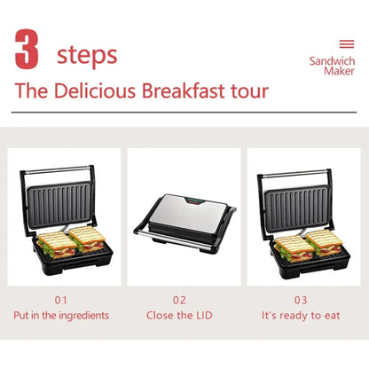 750W Home Small Roast Steak Machine Hamburger Electric Waffle Sandwich Maker Non Stick Surface Grill Toaster Breakfast Machine - Home Fusion