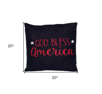 20" Navy Blue Red And White God Bless America Text Cotton Throw Pillow - Home Fusion