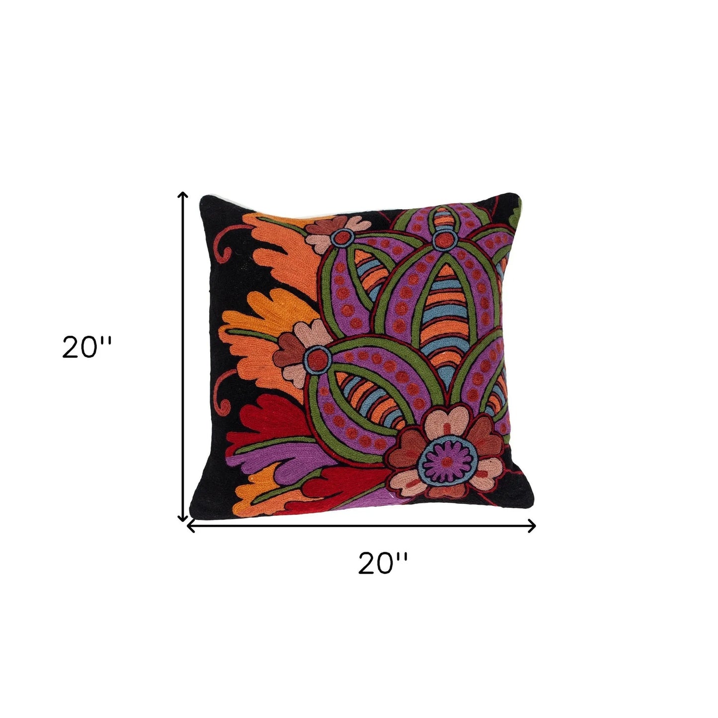 20" Black and Orange Cotton Throw Pillow With Embroidery - Home Fusion