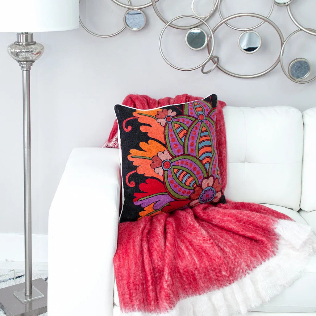 20" Black and Orange Cotton Throw Pillow With Embroidery - Home Fusion