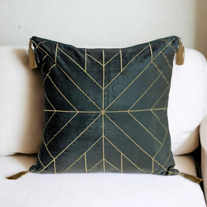 Charcoal and Gold Geo Velvet Throw Pillow with Gold Tassels - Home Fusion