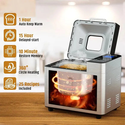 Bread Maker Machine Stainless Steel UL Certified, 25-in-1 with Nonstick Bread Pan, Homemade DIY 2Lbs Breadmaker - Home Fusion