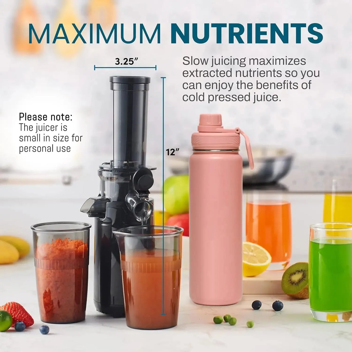 HAOYUNMA EJX600 Compact Small Space-Saving Masticating Slow Juicer, Cold Press Juice Extractor, Nutrient and Vitamin Dense - Home Fusion