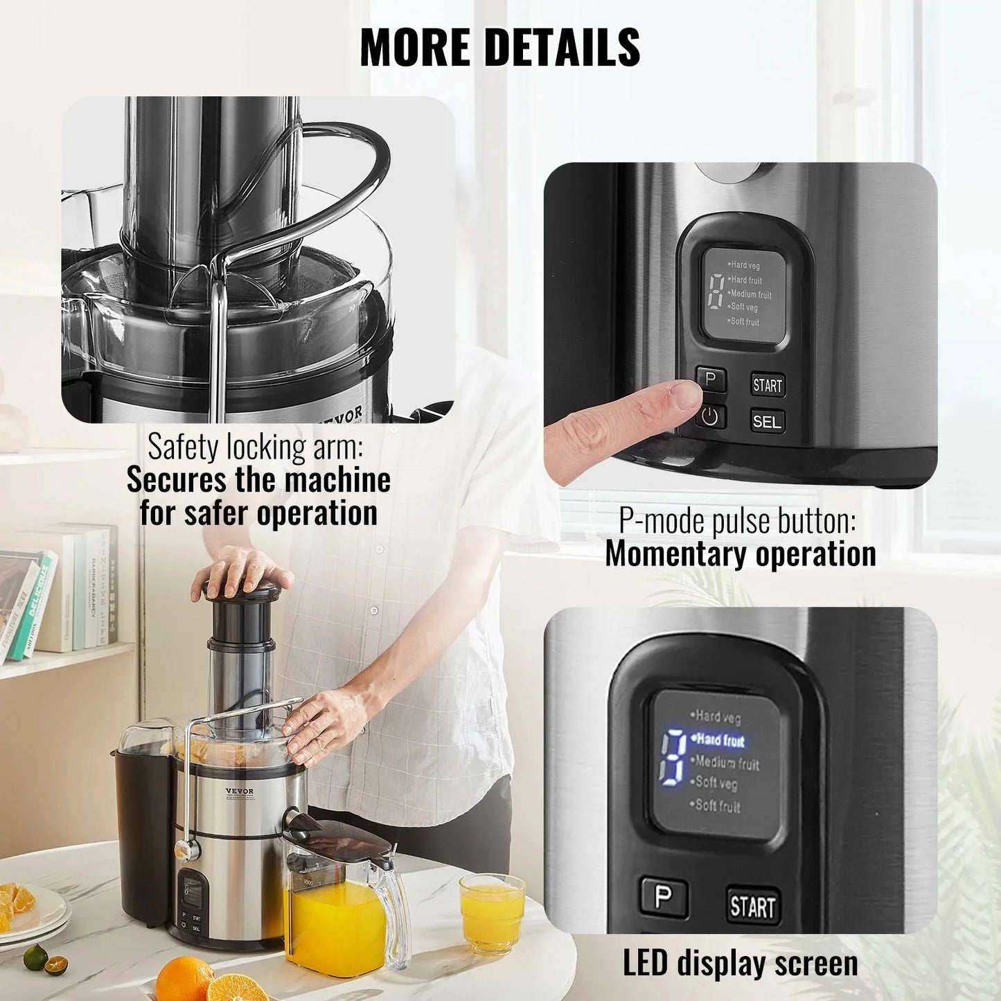 VEVOR Juicer Machine 850W Motor Centrifugal Juice Extractor Easy Clean Centrifugal Big Mouth Large for Fruits and Vegetables - Home Fusion