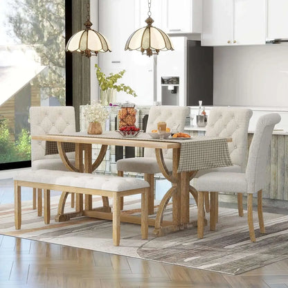 6 Pieces Dining Table Set with Bench, Rectangle Dining Table with 4 Upholstered Chairs & a Bench, Kitchen Table Chairs Set for 6 - Home Fusion