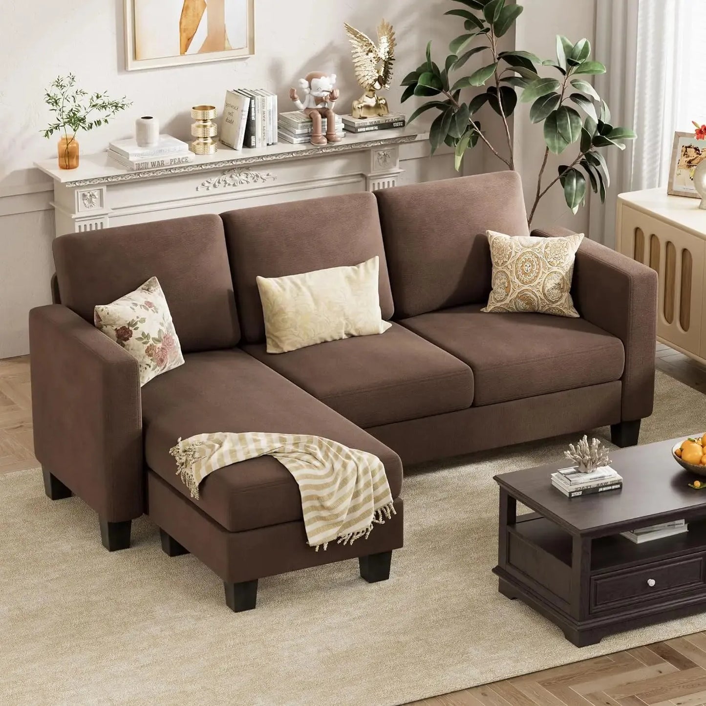 Convertible Sectional Couch, 3 Seat L-Shaped Sofa with Linen Fabric Ottoman Small Couch for Small Apartments