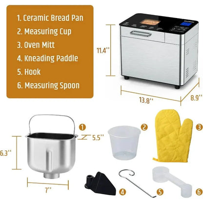 Bread Maker Machine Stainless Steel UL Certified, 25-in-1 with Nonstick Bread Pan, Homemade DIY 2Lbs Breadmaker - Home Fusion