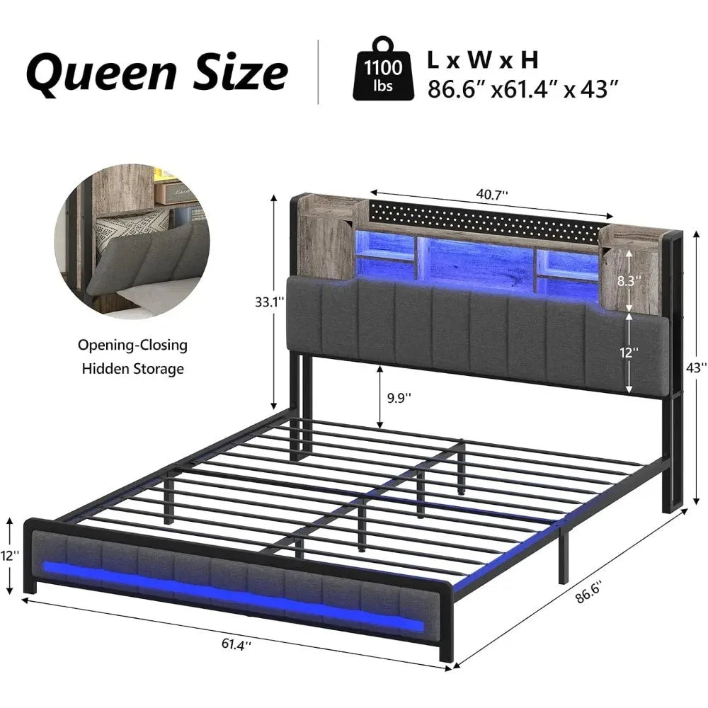 Queen Bed Frame with Charging Station. - Home Fusion