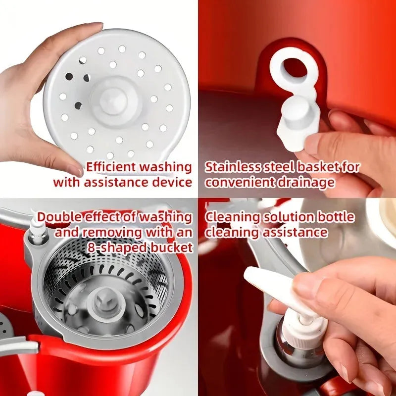 Household Stainless Steel Rod Spin Mop And Bucket Set With Total 3 Mop Heads, Household Rotating Floor Mop, Hands-free Wash Mop - Home Fusion