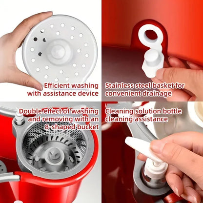 Household Stainless Steel Rod Spin Mop And Bucket Set With Total 3 Mop Heads, Household Rotating Floor Mop, Hands-free Wash Mop - Home Fusion
