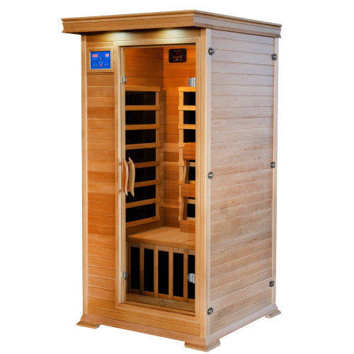 Wooden infrared sauna with digital control panel on a white background