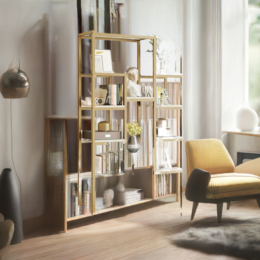 Home Decorations 6 Tier Gold Bookshelf Home Decor Items 71” Tall Modern Free Standing Bookshelf With 12 Shelf Bookcase Room Wall - Home Fusion