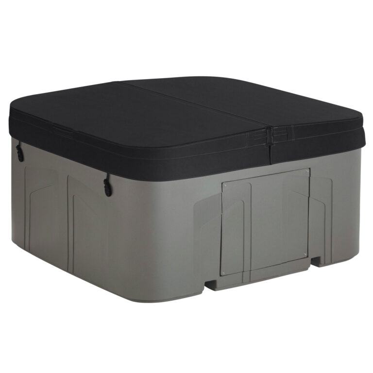Gray storage box with a black lid on a white background