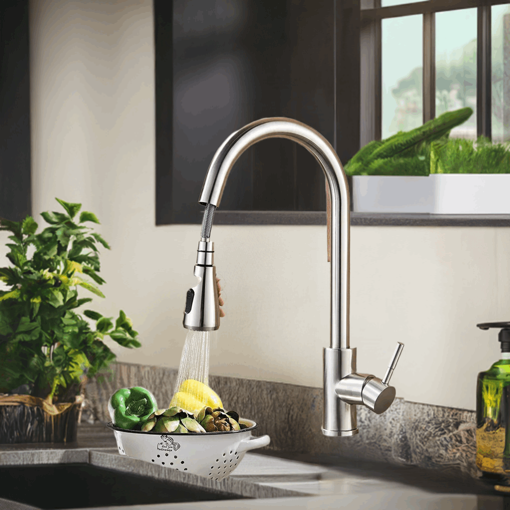 Brushed Nickel Kitchen Faucet Flexible Pull Out Nozzle Kitchen Sink Mixer Tap Stream Sprayer Head Deck Black Hot Cold Water Taps - Home Fusion