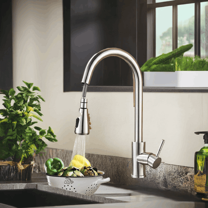 Brushed Nickel Kitchen Faucet Flexible Pull Out Nozzle Kitchen Sink Mixer Tap Stream Sprayer Head Deck Black Hot Cold Water Taps - Home Fusion