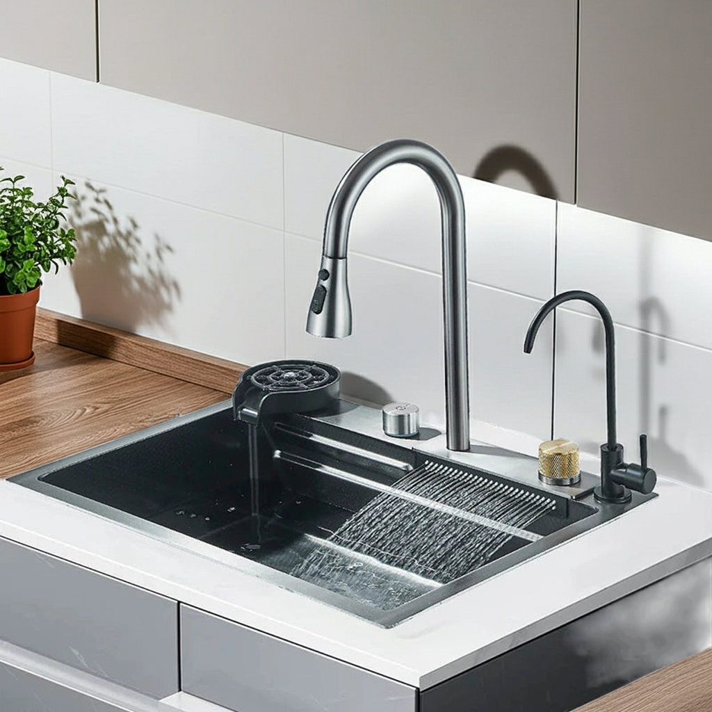 Modern kitchen sink with dual faucets and a plant on the counter.