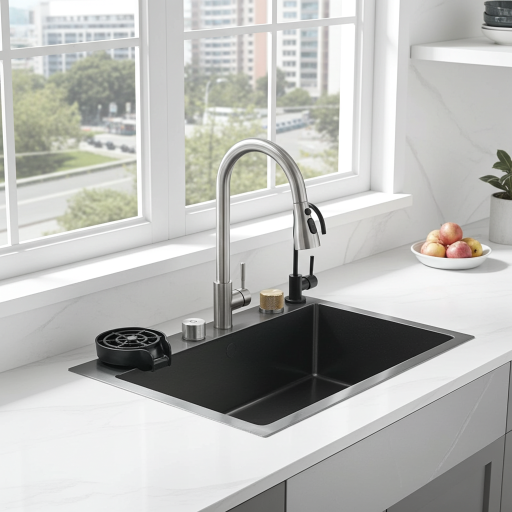 Modern kitchen with black sink and silver faucet near a window with cityscape view.