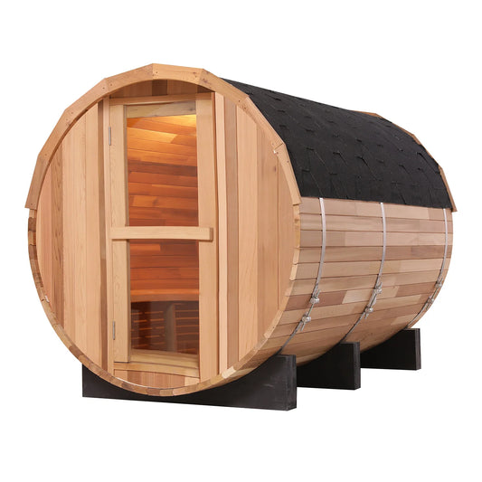 4–6 Person Cedar Barrel Sauna Room with Porch – Outdoor Home Garden Sauna.