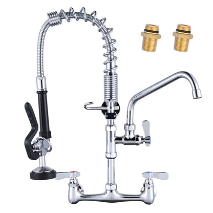 Chrome kitchen faucet with spring hose and two brass connectors on a white background