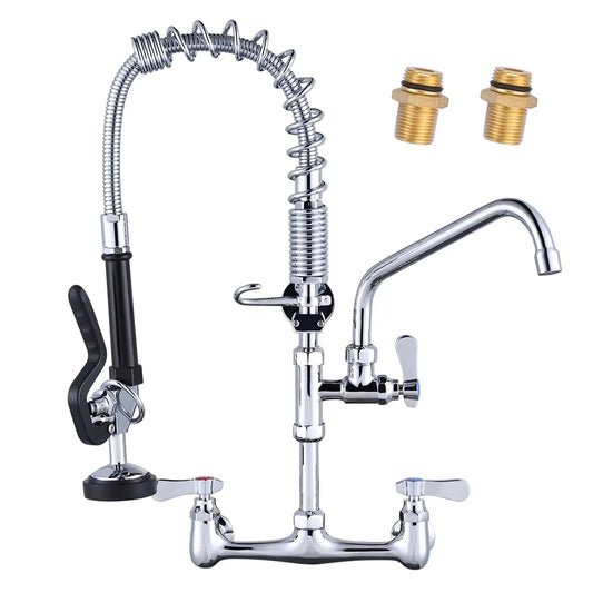 Chrome kitchen faucet with spring hose and two brass connectors on a white background