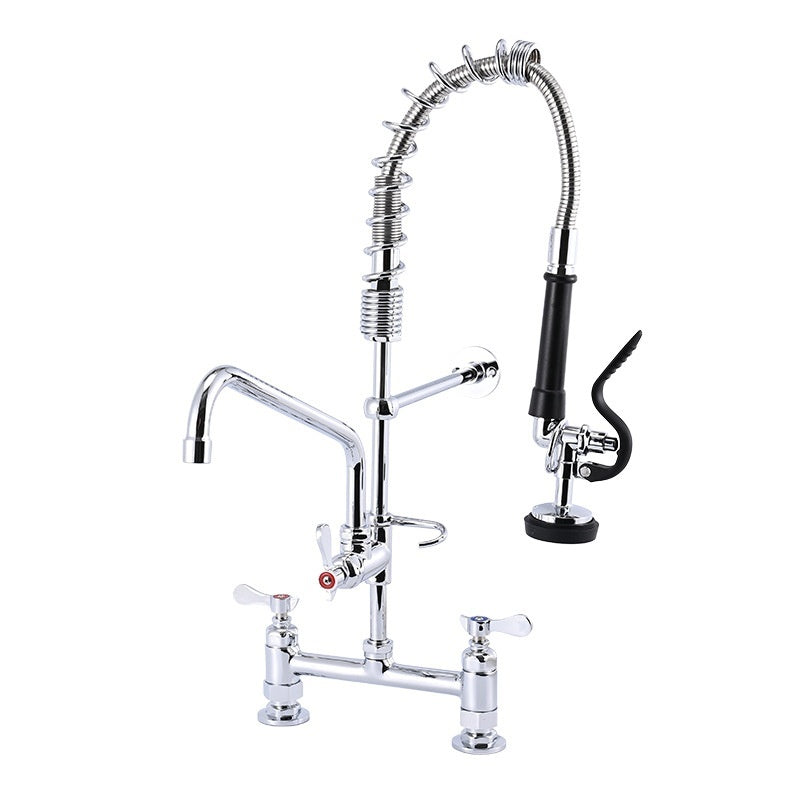 Chrome kitchen faucet with a flexible hose on a white background