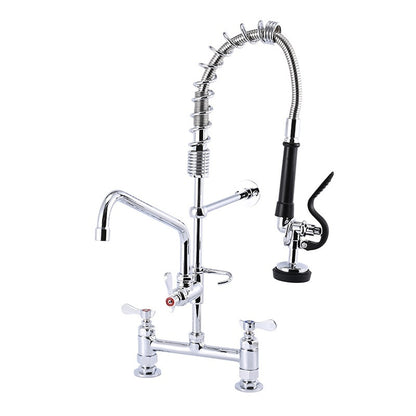 Chrome kitchen faucet with a flexible hose on a white background