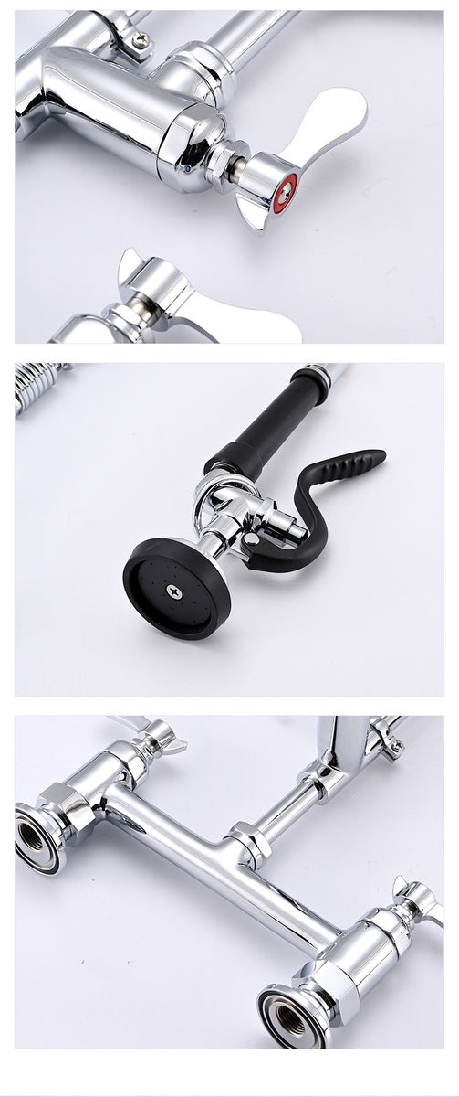 Collection of plumbing fixtures including a faucet and handles on a white background
