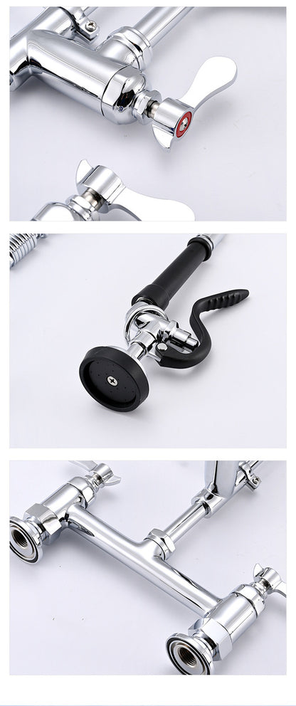 Collection of plumbing fixtures including a faucet and handles on a white background
