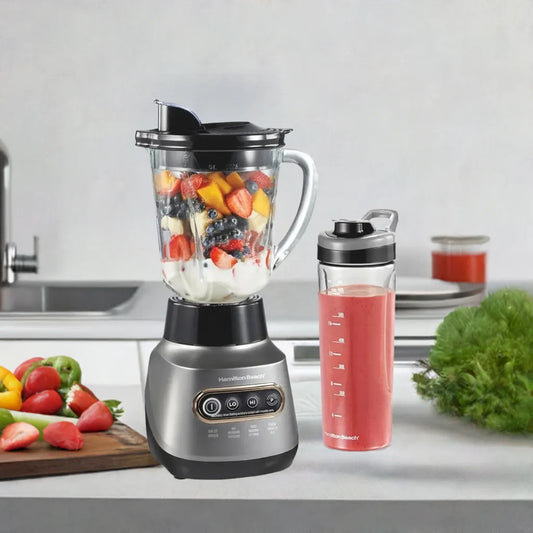 Juicer blender for Shakes and Smoothies, Stainless Steel Ice Sabre Blades, 40oz Glass Jar,20oz Blend-In Portable Travel Jar, Gray