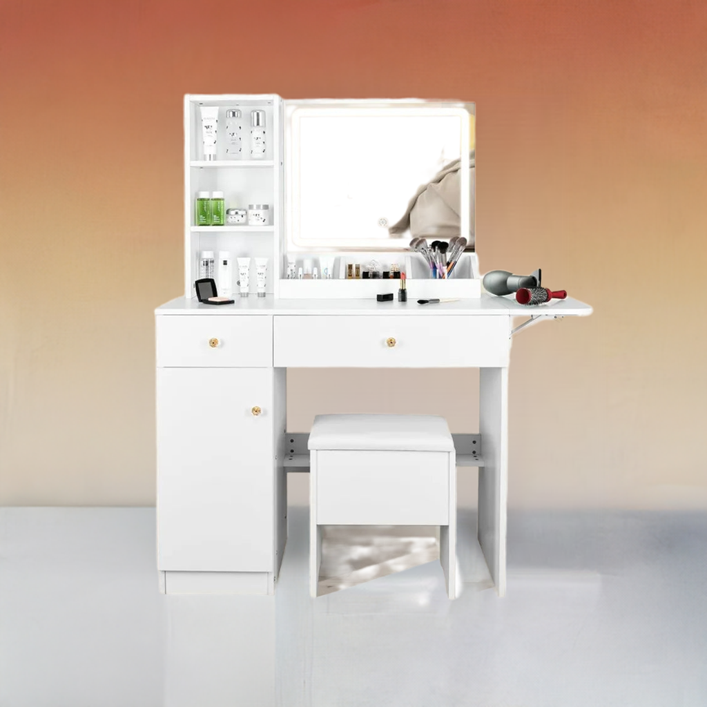 Dressing table with lights and mirrors Dressing table with lights and mirrors,2drawers and a storage stool,3 lighting modes,for bedroom and bathroom use15.7Dx44Wx55.1H 076823-f9.myshopify.com