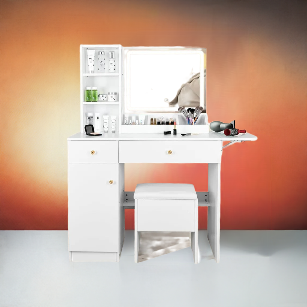 Dressing table with lights and mirrors